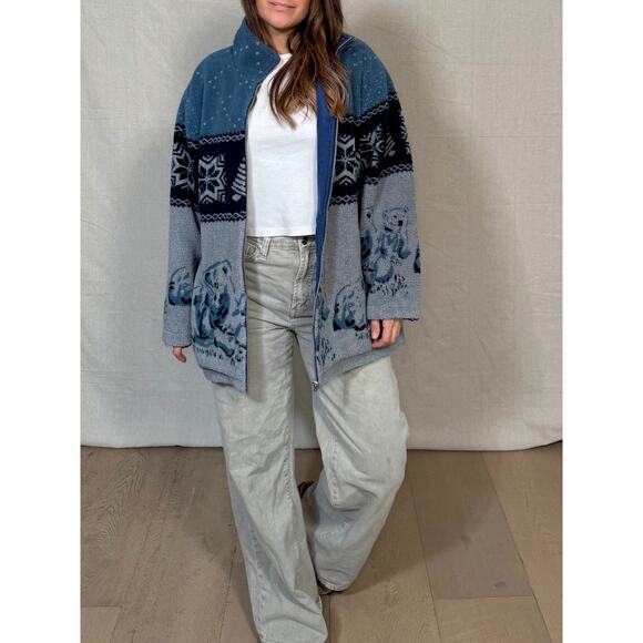 Vintage Polar Bear Fleece Jacket / Nordic Fair Isle Zip-Up - Picture 2 of 9